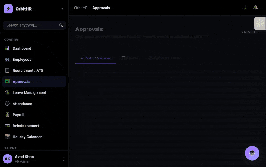 Walkthrough of the OrbitHR dashboard, Approvals, Reimbursement, Shifts, and Payroll